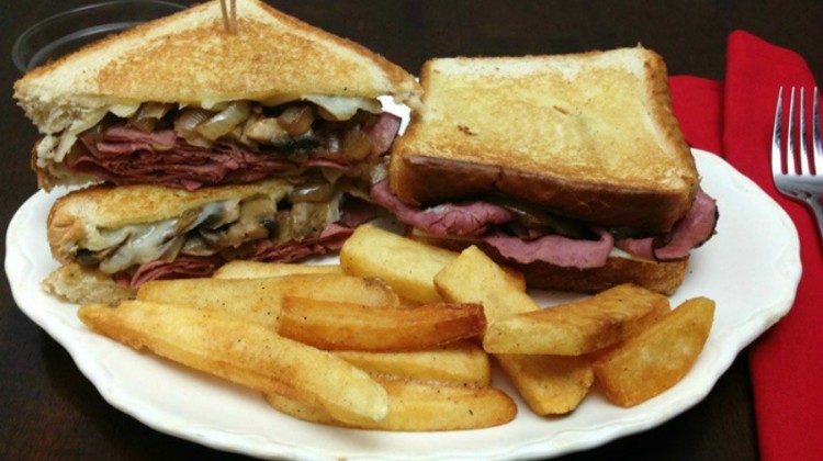 Grilled Roast Beef & Swiss Cheese Sandwich with Mushrooms and Onions