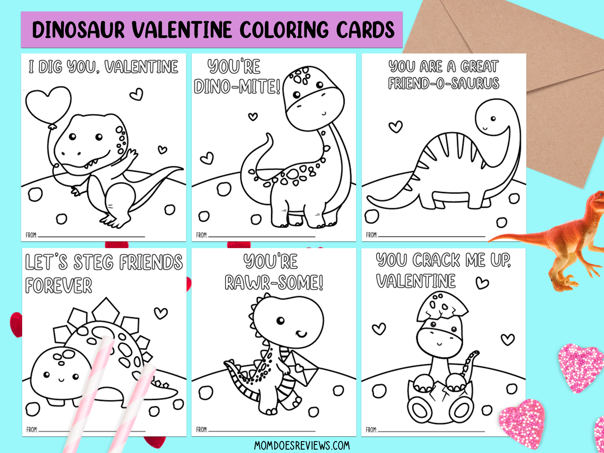 Dino-Mite Valentine's Day Coloring Cards - Mom Does Reviews