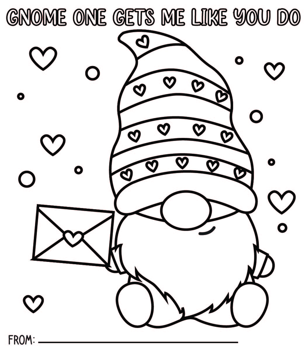 Gnome Valentines Coloring Cards