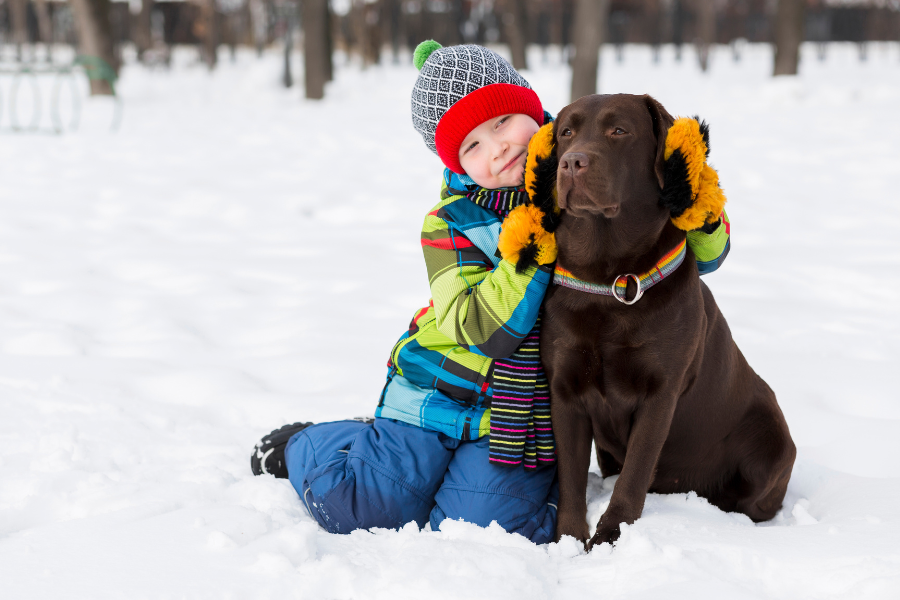 kid with dog in the snow