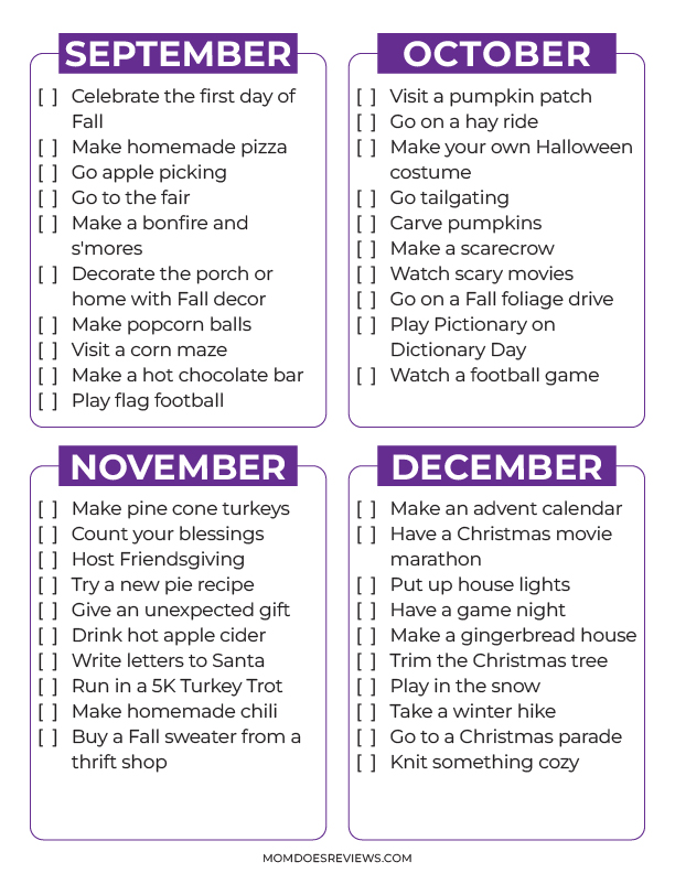 Printable Monthly Family Activities