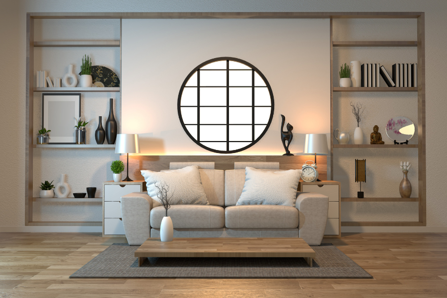 living room with round window