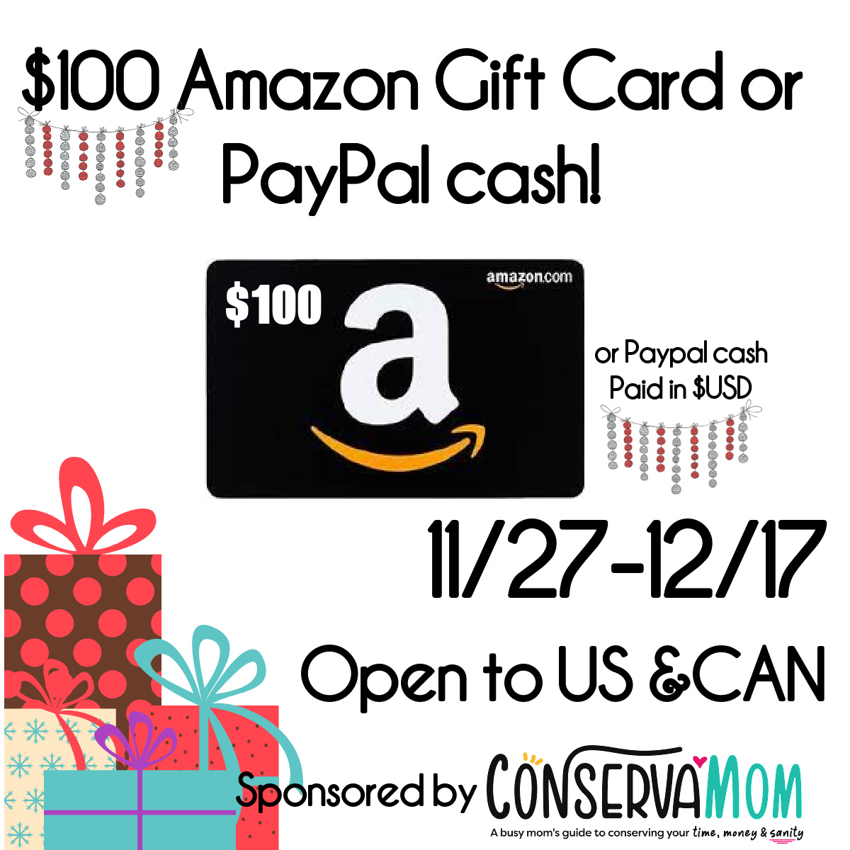 $100 Amazon or Paypal Cash Holiday Giveaway