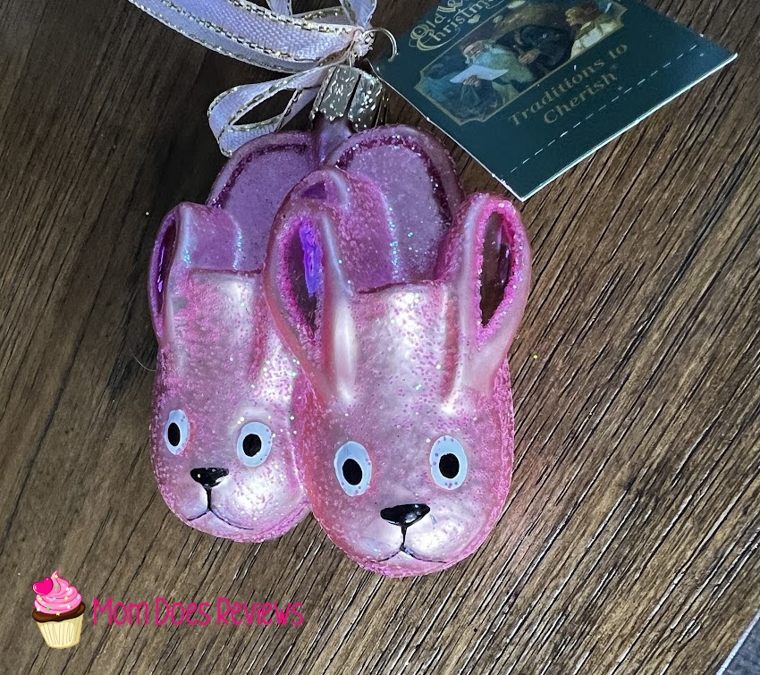 Old World Christmas pink bunny slippers up close