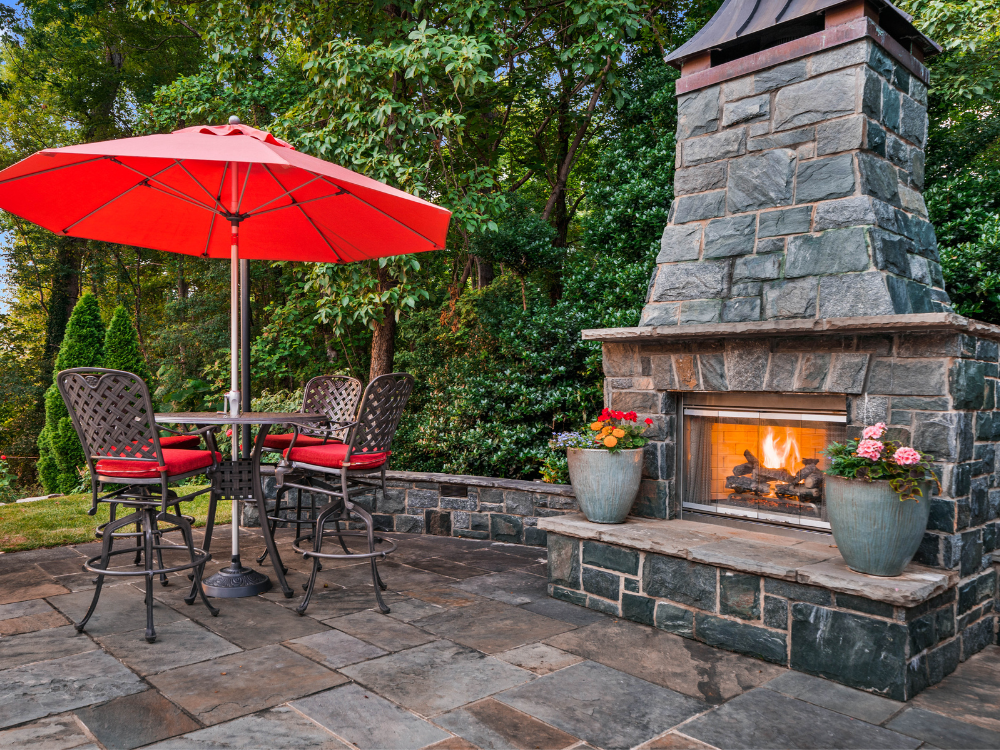 patio with fireplace