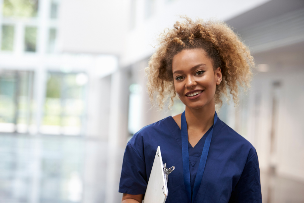woman with blue scrubs