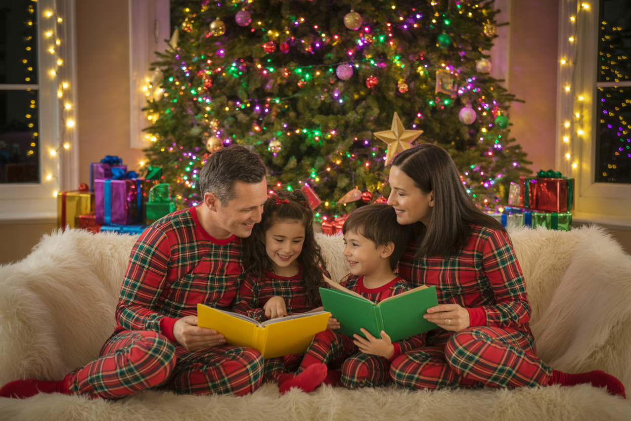 family reading books in front of the tree