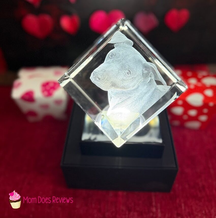 Beyond Memories Crystal Cube with hearts in the background