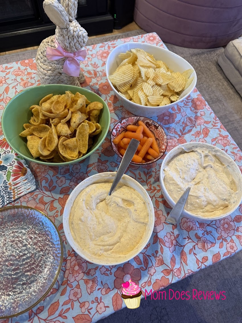 Bear Creek dips in bowls with chips and carrots
