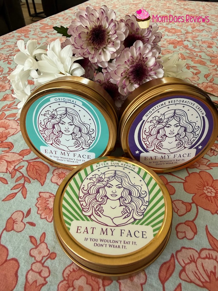 Eat My Face three moisturizer tins with flowers