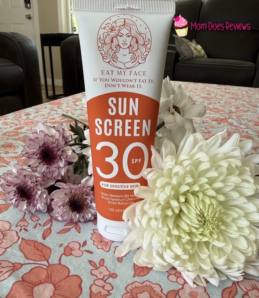 Eat My Face Sunscreen bottle with flowers
