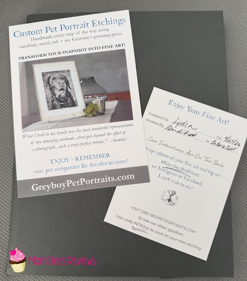 paperwork from the Greyboy Pet Prints package
