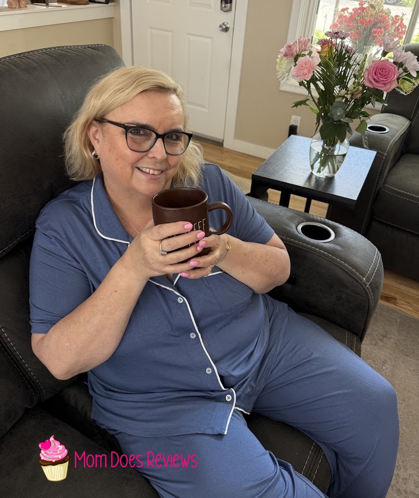 Woman with coffee wearing Piper & Mint pajamas