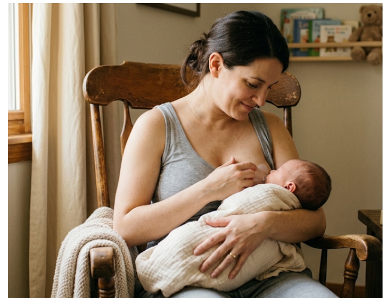 A mother uses a nipple shield while breastfeeding her baby in a rocking chair.