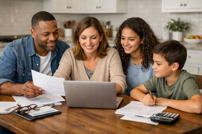 Family looking at settlement plan