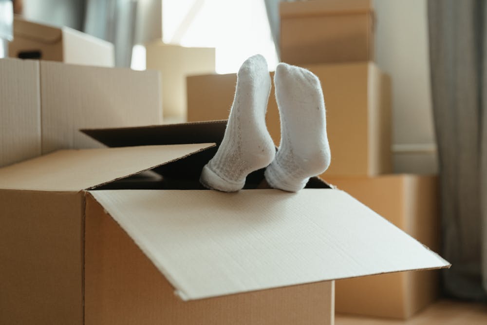 relocation moving boxes with feet sticking out