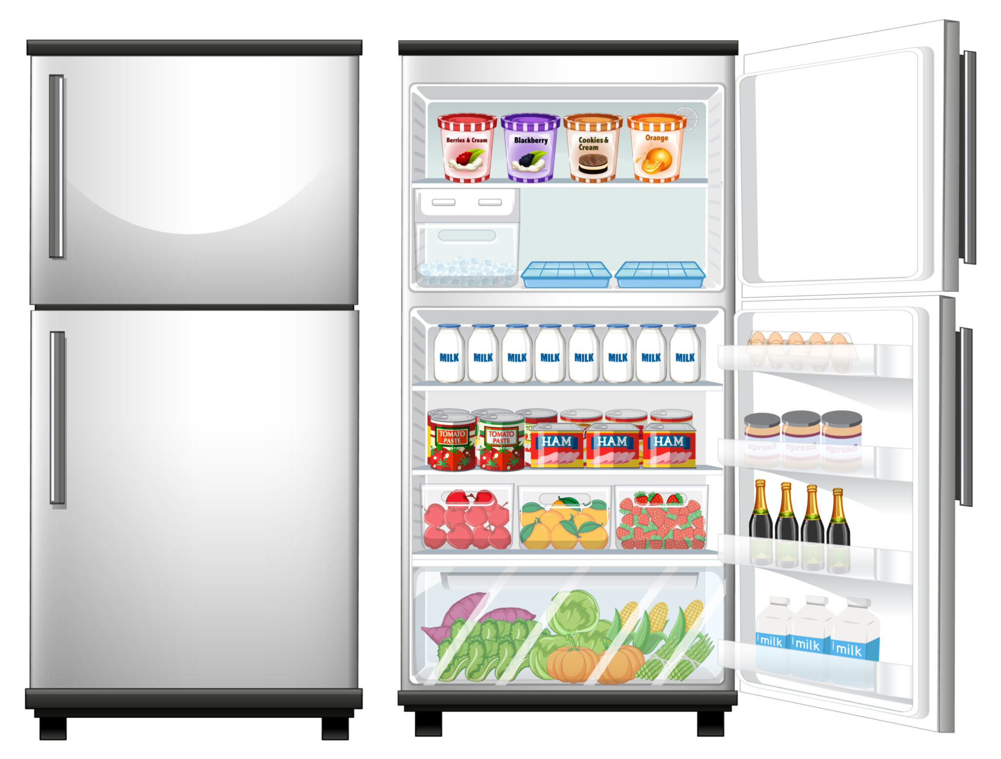 Refrigerator closed and opened door with