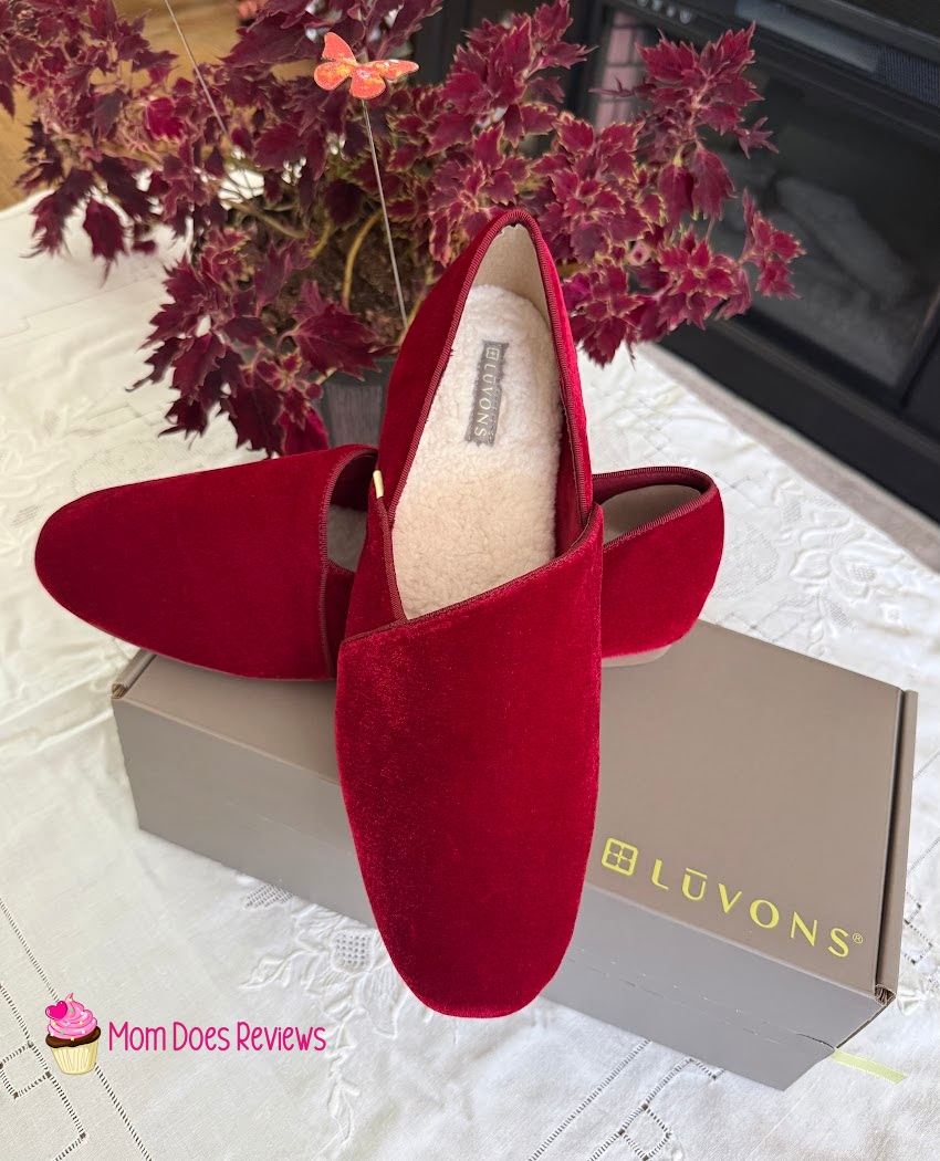 Luvons ruby Francesca slippers on top of shoebox