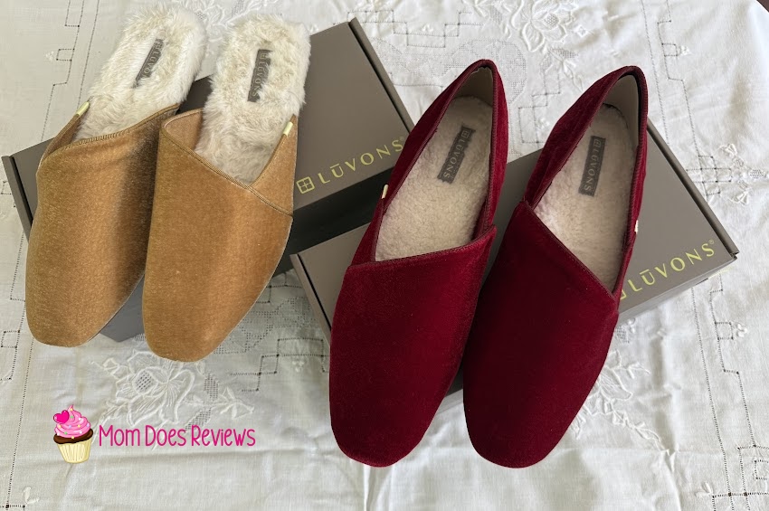 Luvons Devon and Francesca slippers on top of their shoeboxes