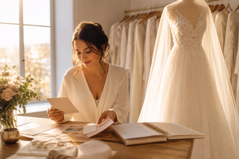 bride with dress in background wedding planning