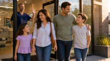 family leaving dentist