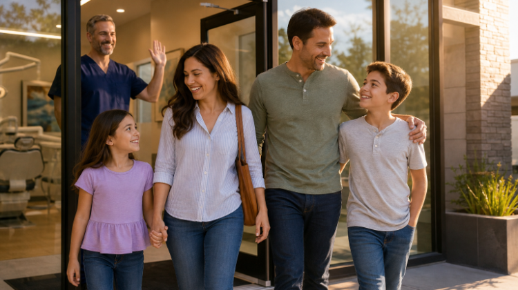 family leaving dentist