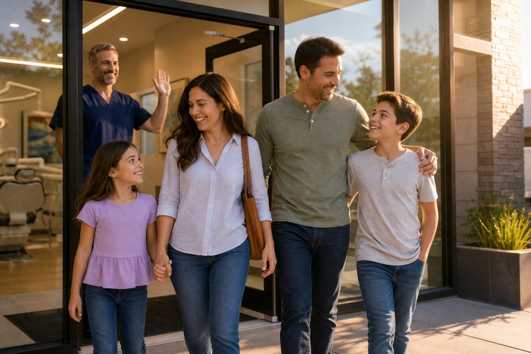 family leaving dentist