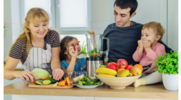 family with fruit and vegetables