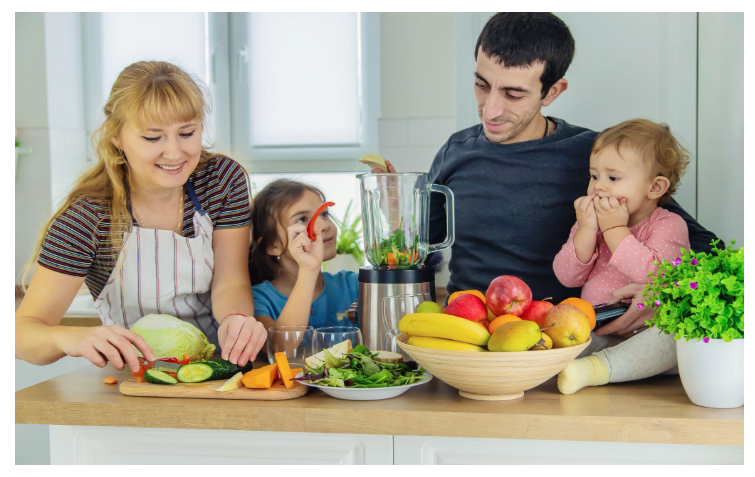 family with fruit and vegetables