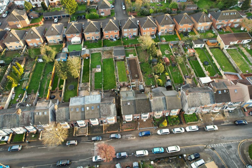 houses with gardens aerial view